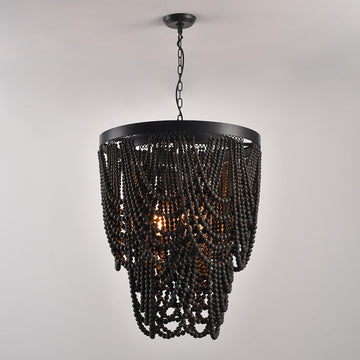 Rustic Farmhouse Dark Brown Wooden Draped Bead 3-Light Chandelier